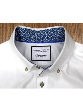 CHARLES TYRWHITT CUSTOM FIT 100% COTTON SHIRT WHITE & LIGHT BLUE Sz LARGE, L